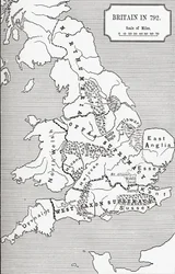 Mapa Wielkiej Brytanii w 792 r., od The Three Kingdoms 685 do 828 w „Krótkiej historii ludu angielskiego” J. R. Greena, opublikowanej w 1893 r.