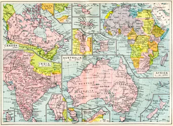 Mapa posiadłości brytyjskich w 1914 r. w momencie wybuchu I wojny światowej, z The British Empire Universities Modern English Illustrated Dictionary, wyd. 1914