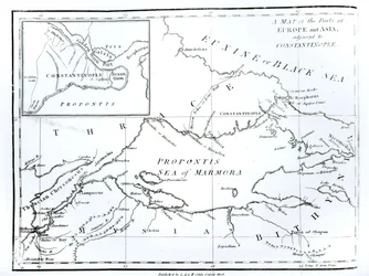 Mapa części Europy i Azji przylegających do Konstantynopola, z „Historii schyłku i upadku Cesarstwa Rzymskiego”, tom 9, autorstwa Edwarda Gibbona, 1808
