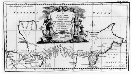 Mapa trasy przejazdu Vitusa Beringa (1681-1741) przez Syberię na Kamczatkę, od Navigantium atque Itinerantium Bibliotheca wydanej w 1744 roku