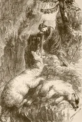 Marguerite de Roberval strzela do dwóch niedźwiedzi na Wyspie Demonów w pobliżu Nowej Fundlandii (litho)