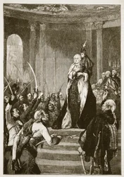 Maria Teresa i węgierski parlament, ilustracja z Cassells Illustrated History of England (zdjęcie w sepii)