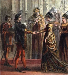 Małżeństwo króla Anglii Henryka V (1387-1422) z Katarzyną de Valois (1401-1437) w 1420 roku. „Małżeństwo Henryka V”, 1420. Henryk poślubił Katarzynę, córkę króla Francji.