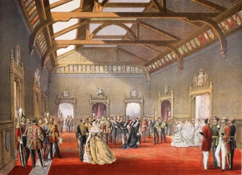 Prowadzenie procesji Panny Młodej w centralnym holu mieszkań tymczasowych, z Pomnika małżeństwa Edwarda VII i Aleksandry z Danii, wyd. 1864