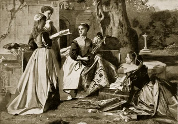 Mary Queen of Scots w klasztornym ogrodzie, ilustracja z Hutchinsons Story of the British Nation, ok. 1923