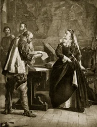 Mary Queen of Scots podpisuje swoją abdykację, lipiec 1567, ilustracja z Hutchinsons Story of the British Nation, c.1923
