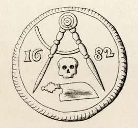 Pieczęć masońska stolarzy z Maastrichtu, datowana na 1682, z „The History of Freemasonry, tom II”, wydanej przez Thomasa C. Jacka, Londyn, 1883