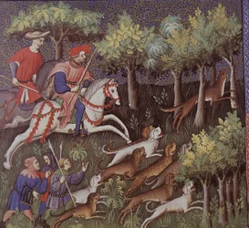 Średniowieczni arystokraci polujący na lisy (tempera na papierze)