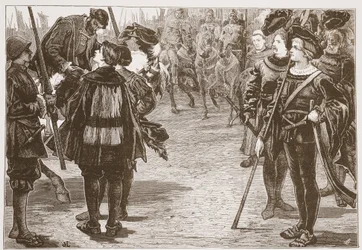 Spotkanie cesarza Karola i książąt protestanckich, ilustracja z Historii protestantyzmu Jamesa Aitkena Wylie (1808-1890), wyd. 1878
