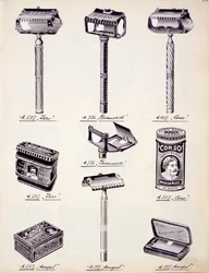 Męski sprzęt do golenia, z katalogu handlowego artykułów gospodarstwa domowego i wyposażenia, ok. 1890-1910