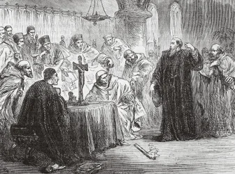 Mollio rzucający pochodnię przed Inkwizycją, ilustracja z Historii protestantyzmu Jamesa Aitkena Wylie (1808-1890), wyd. 1878