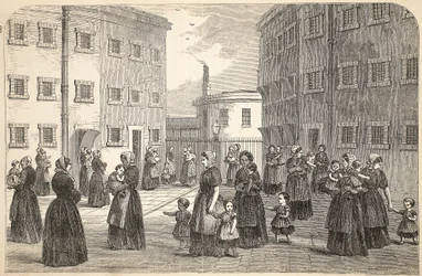 Matki z dziećmi ćwiczące w więzieniu Tothill Fields, ilustracja z The Criminal Prisons of London i Scenes from Prison Life Henry
