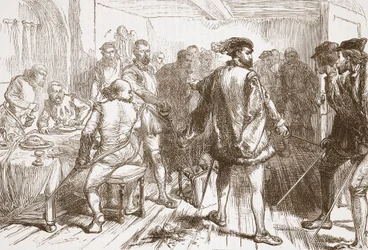 Zespół Moucharesa atakujący protestantów w hostelu w Faubourg St. Germain, ilustracja z Historii protestantyzmu Jamesa Aitkena Wylie (1808-1890), wyd. 1878