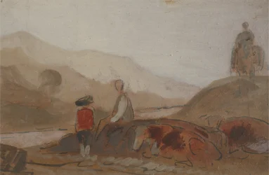 Krajobraz górski z postacią nad jeziorem (Człowiek siedzący nad jeziorem pośród gór), wcześniej przypisywany J.M.W. Turner (1775-1851), a także przypisywany Peterowi de Wint (1784-1849), 1825-30 (olej