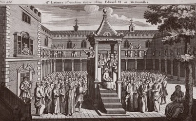Pan Latimer przemawiający przed królem Edwardem VI w Westminster, ilustracja z Foxes Martyrs c.1703
