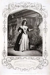 Pani Fitzwilliam jako pani Page, akt II, scena 1, w „Wesołych kumoszkach z Windsoru” Williama Szekspira (1564-1616) grawerowanych przez Thomasa Sherratta (fl.1860-80) z dagerotypu JP Mayalla (1810-1901) ( rytownictwo)