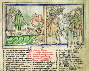 Ms.Ee.3.59 fol.6r Harald Harefoot nadzoruje tortury Alured i ucisk ludu Anglii, z życia św. Edwarda Wyznawcy, c.1250-60
