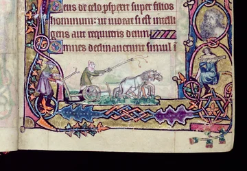 Ms 1-2005, ff.76v-77r: David i głupiec, historyczny wstęp z Psałterza Macclesfielda, Use of Sarum, East Anglia, c.1330 (wellum) (szczegóły z 276994)
