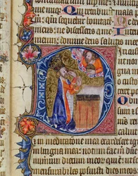 p. 26 f.22r. Psalm 38, Dawid wskazujący na usta, z psałterza opactwa Ramsey, ok. 1380