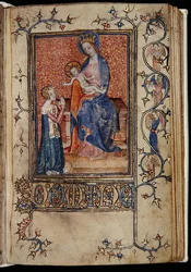 Ms 48, f.86r: Właścicielka rękopisu modląca się do Dziewicy z Dzieciątkiem, z Godzin Carew-Poyntz, Używanie Sarum, ok. 1390-1400 (welum)