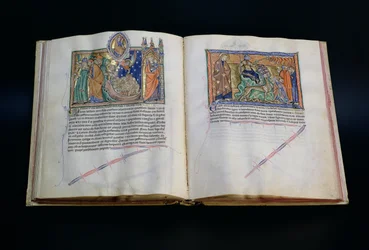 Ms L.A. 139-Lisboa fol.37 v-38 Bestia bluźni imieniu Boga i ludzie czczący 3. i 2. bestię, z Apokalipsy Gulbenkian, c.1265-70