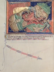 Ms L.A. 139-Lisboa fol.71 Szczęki piekła połykające czerwonego smoka, bestię morską i bestię ziemską, z Apokalipsy Gulbenkian, c.1265-70