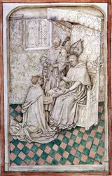 Pani R 14.5 f.8v Thomas Bekynton, biskup Bath i Wells, przyjmuje Chaundlera z mszału Abingdon, 1457-61