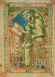 Ms R 17 I f.283v Monk Eadwine przy pracy nad rękopisem, Psałterz Eadwine, c.1150 (welum)