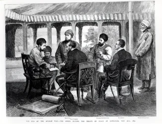 Muhammad Yaqub Khan (1849-1923) podpisuje traktat pokojowy w Gundamak 26 maja 1879 r.