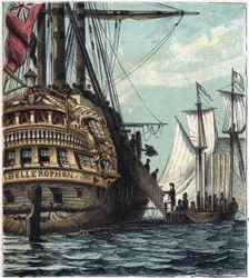 Napoleon I zostaje dostarczony Anglikom. Wejście na pokład z Napoleona do Sainte-Helene (Sainte Helene) na pokładzie Bellerophon 15 lipca