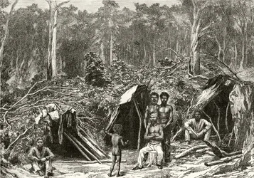 Native Aboriginie Encampment, ok. 1880, z „Australian Pictures” Howarda Willoughby, opublikowane przez religijne Towarzystwo Traktu, Londyn, 1886