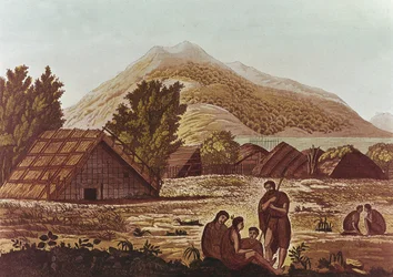 Tubylcy, z chatami i górami za, grawerowane przez F. Fumagalli (kolorowe grawerowanie)