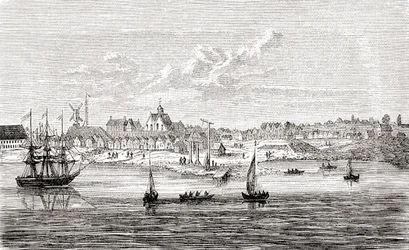 Nowy Amsterdam, XVII-wieczna holenderska osada na południowym krańcu wyspy Manhattan w Ameryce, z ilustrowanej historii świata Warda i Locka, wyd. ok. 1882 r.