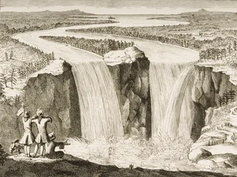 Wodospad Niagara, według szkicu wykonanego przez księdza Hennepina w 1677, z „American Pictures” opublikowanego przez religijne Towarzystwo Traktowe, 1876