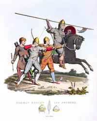 Norman Knight and Archers, 1066, z Ancient Armor, Samuel Rush Meyrick, 1824