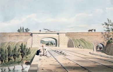 Linia North Midland pod kanałem Cromford w Bull Bridge, wydana przez Day und Haghe (kolor lito)