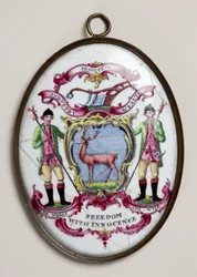 Medalion owalny dla Towarzystwa Bucks, przedstawiający dwóch leśników podtrzymujących tarczę z jeleniem (emalia)