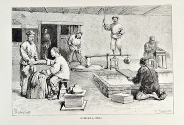 Papiernia, Chiny, ilustracja z The Universal Geography, the Earth and its people autorstwa Elisee Reclus, opublikowana w 1878 r.
