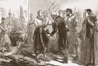 Rozstanie Patricka Hamiltona z przyjaciółmi na stosie, ilustracja z Historii protestantyzmu Jamesa Aitkena Wylie (1808-1890), wyd. 1878