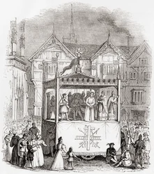 Przedstawienie XV-wiecznej sztuki pasyjnej - Proces i ukrzyżowanie Chrystusa - w wykonaniu Kompanii Smitha z Coventry, ze strony Old England: A Pictorial Museum, pub. 1847