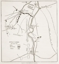 Plan bitwy pod Assaye, ilustracja z Cassells Illustrated History of India autorstwa Jamesa Granta, wyd. 1879