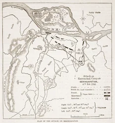 Plan ataku na Seringapatam, ilustracja z Cassells Illustrated History of India autorstwa Jamesa Granta, wyd. 1879