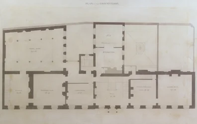 Plany parteru przy ul. Albemarle 21 po wstępnych przeróbkach domu po jego przejęciu przez Instytucję Królewską, ok. 1800 r. (ołówek i wc na papierze)