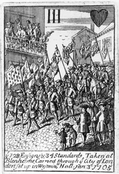 Karta do gry przedstawiająca chorąże i sztandary podjęte w Blenheim, przewożone przez City of London, 3 stycznia 1705