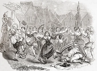 Obchody Pługowego Poniedziałku, taniec Bessie i Klauna, ze Starej Anglii: A Pictorial Museum, pub. 1847