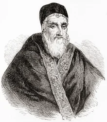 Papież Sykstus V lub Xystus V, urodzony jako Felice Peretti di Montalto, z ilustrowanej historii świata Warda i Locka, wyd. ok. 1882 r.