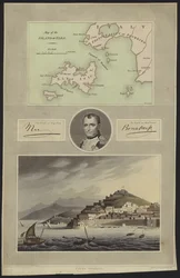 Portret Napoleona Bonaparte z mapą i widokiem na Elba