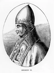 Portret papieża Grzegorza IX (ok. 1170-1241) ilustracja z „Nauki i literatury w średniowieczu i renesansie”, napisana i rytowana przez Paula Lacroix, 1878