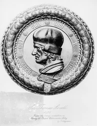Portret sir Thomasa Lovella (zm. 1524) w 1485, z brązowego medalionu w opactwie Westminster w kaplicy Henryka VII autorstwa Torregiano (lit.) (zdjęcie czarno-białe)
