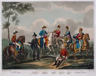 Portrety oficerów generalnych z Historycznego sprawozdania z bitwy pod Waterloo, wydanej przez M. Colburna, 1817 (kolorowa akwatinta)